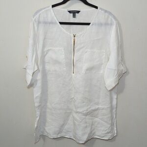 Ellen Tracy 100% Linen Tunic White + Gold Roll Tab Sleeves Women's Size XL